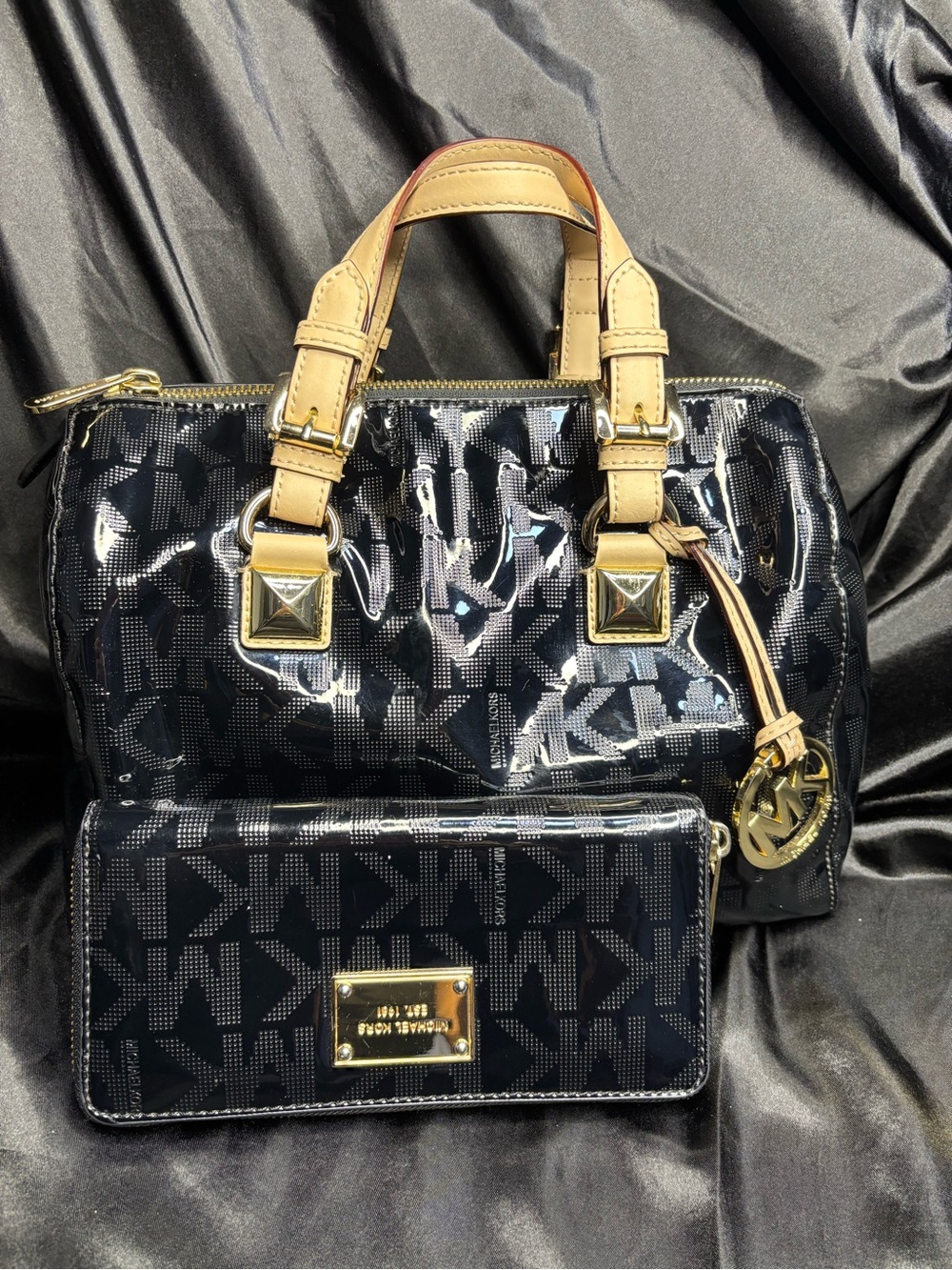 Michael Kors Grayson Logo-Embossed Patent Satchel and matching zipper wallet
